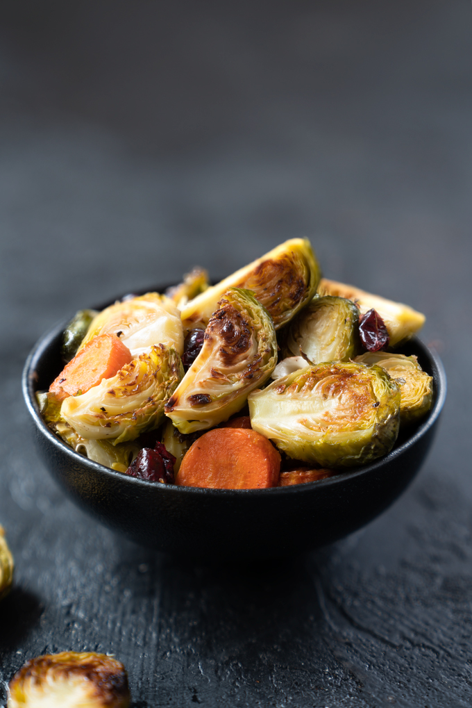 maple roasted Brussels sprouts with hazelnuts and cranberries