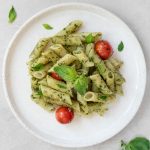 basil pesto pasta with charred tomatoes