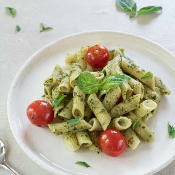 basil pesto pasta with charred tomatoes - vegan, paleo, keto