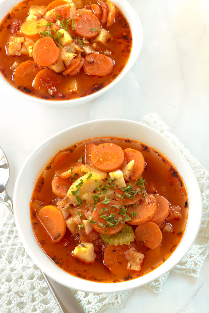 homemade vegetable soup with homemade vegetable broth - vegan, paleo