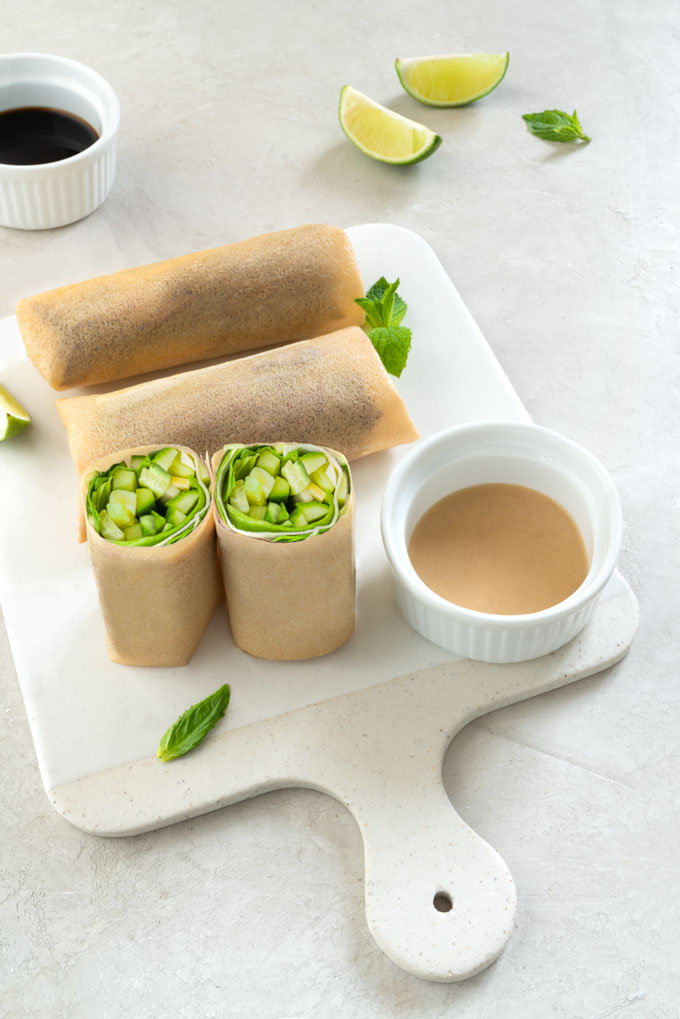 coconut tortillas with vegetables and cashew dipping sauce