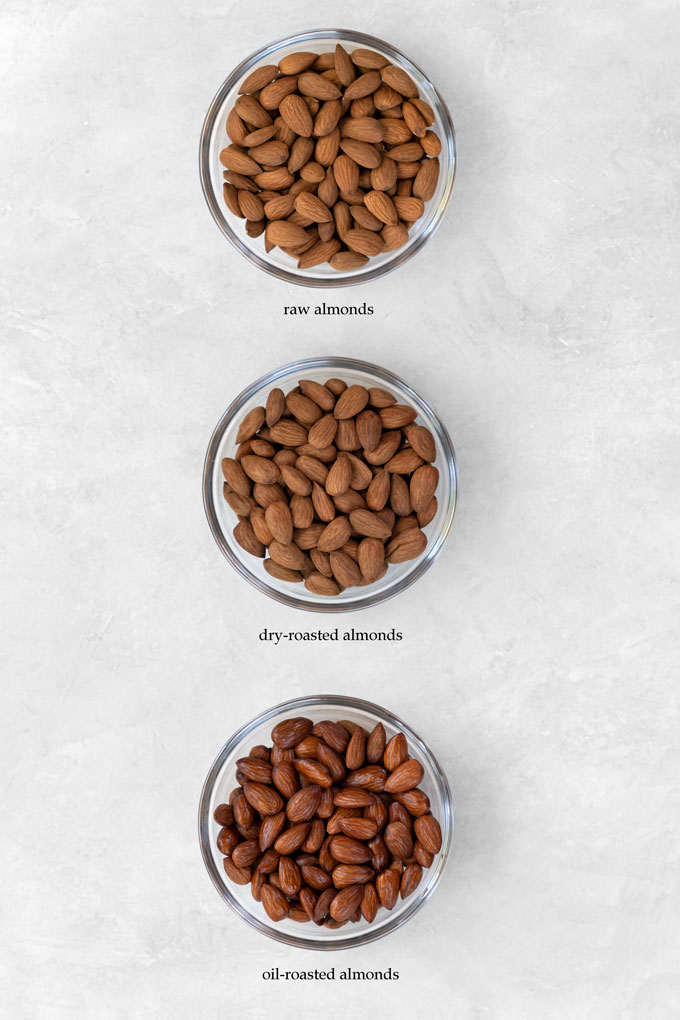 raw almonds vs dry-roasted almonds vs oil-roasted almonds