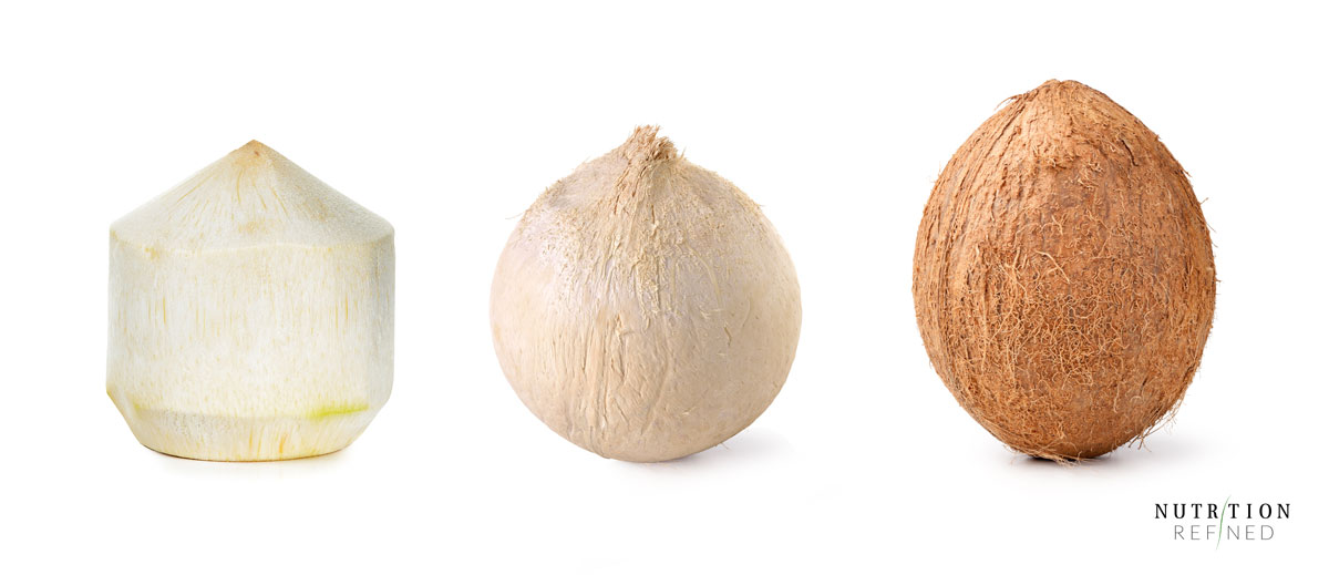 types of coconut - mature (brown), mature (white), young (green)